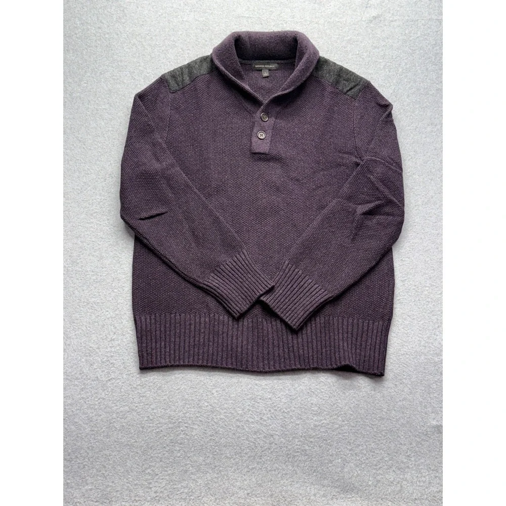 Banana Republic Mens Purple Merino Wool Blend Shawl Collar Sweater Large Patch